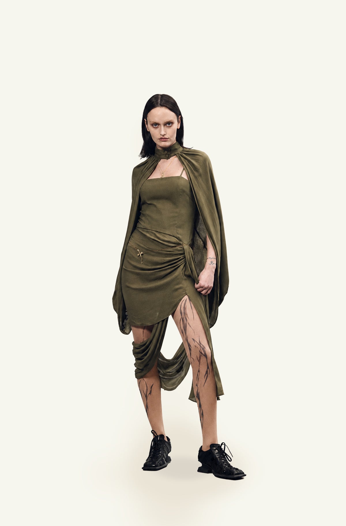 Vestal virgin olive cape dress