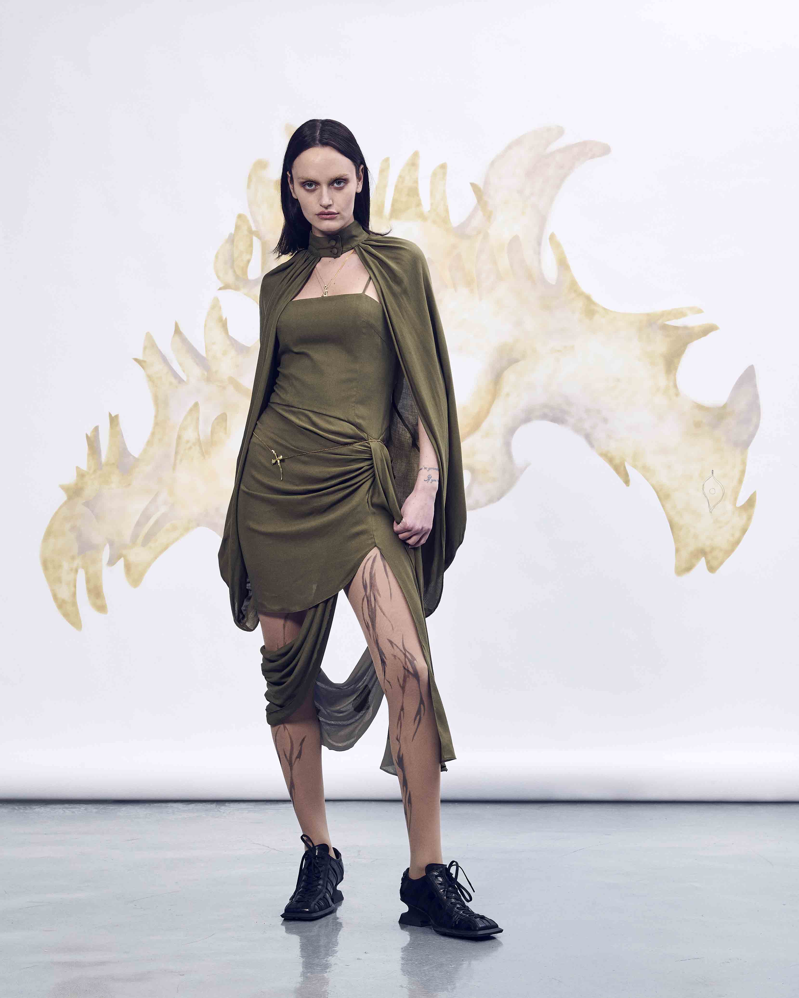 Olive deconstructed cape dress