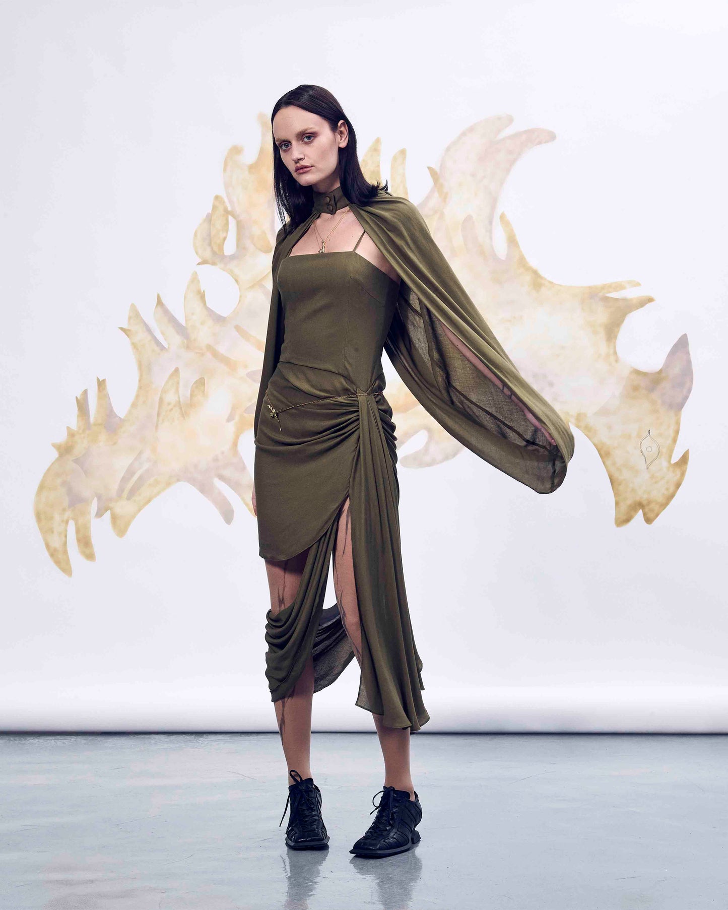 Olive deconstructed cape dress